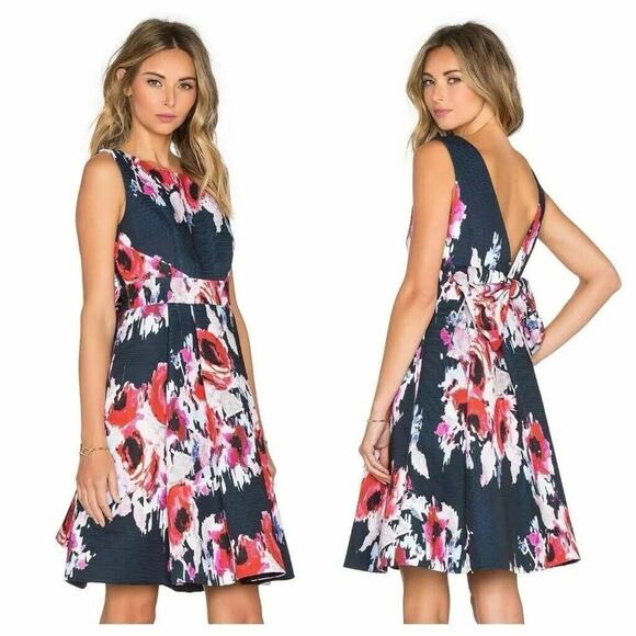 Kate Spade Hazy Floral Bow Plunge Open Back Fit & Flare Dress Watercolor Size 8 - Picture 1 of 15